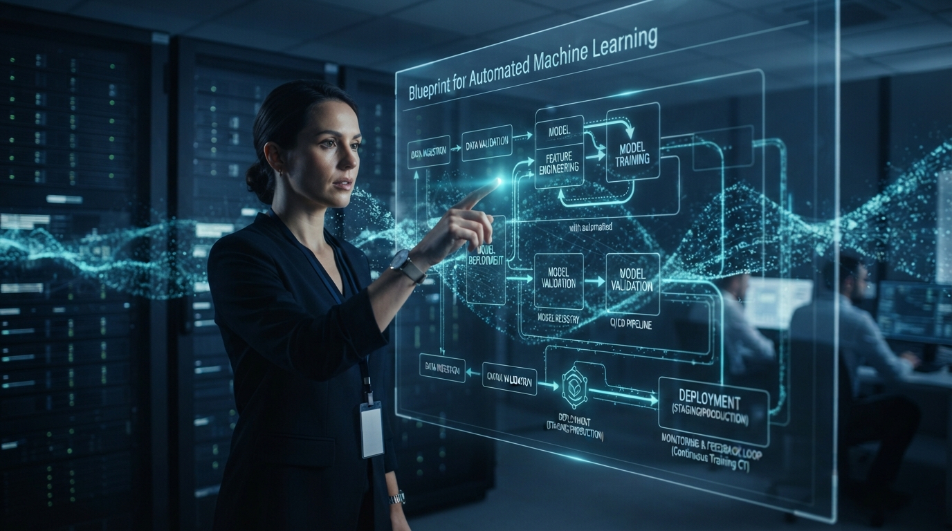 Editorial illustration for The Blueprint for Automated Machine Learning: Understanding MLOps Architecture and Workflow
