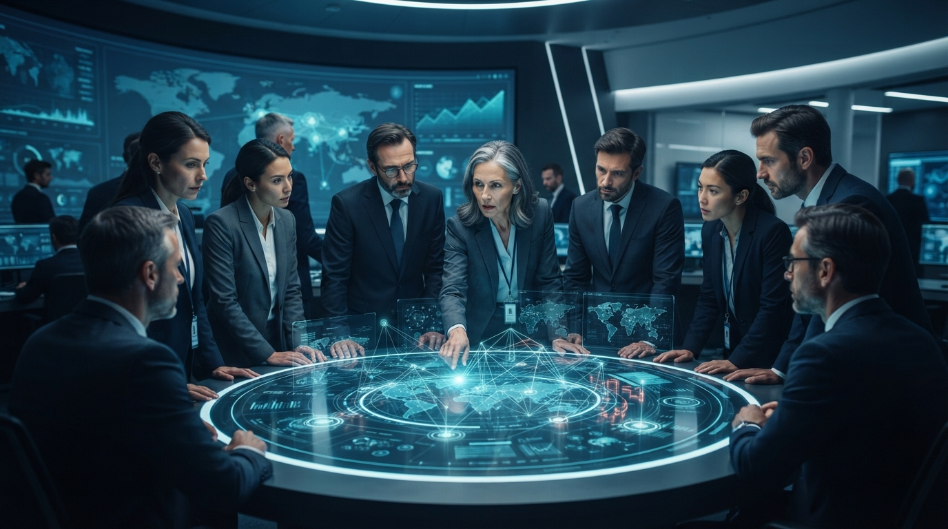 Government officials in a futuristic meeting room discussing AI risks and national security with a holographic display.